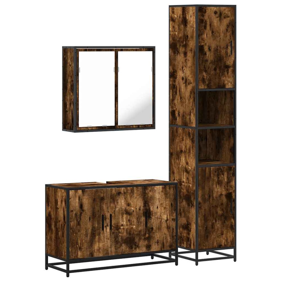 Set mobilier de baie, 3 piese, stejar fumuriu, lemn prelucrat - 1 | YEO