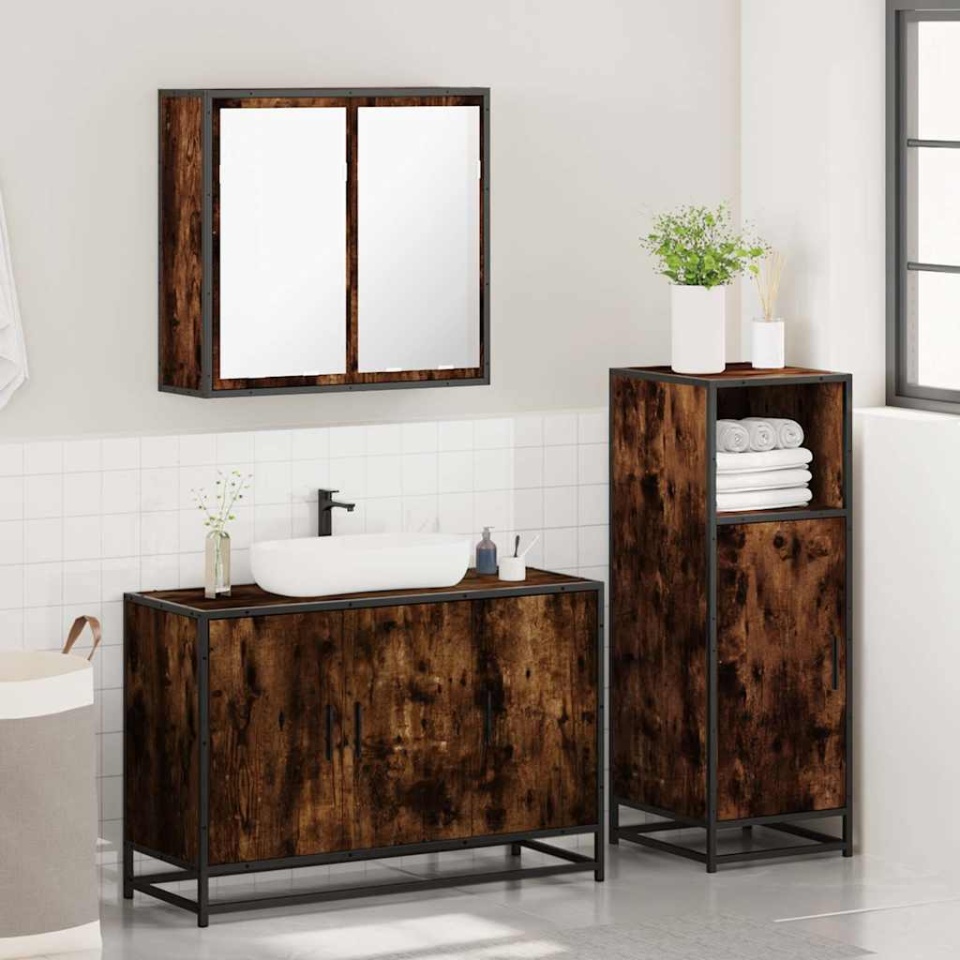 Set mobilier de baie, 3 piese, stejar fumuriu, lemn prelucrat - 3 | YEO