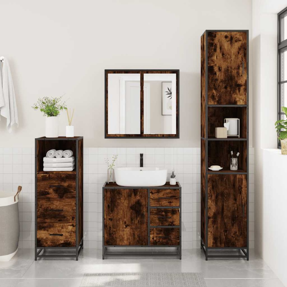 Set mobilier de baie, 3 piese, stejar fumuriu, lemn prelucrat - 2 | YEO