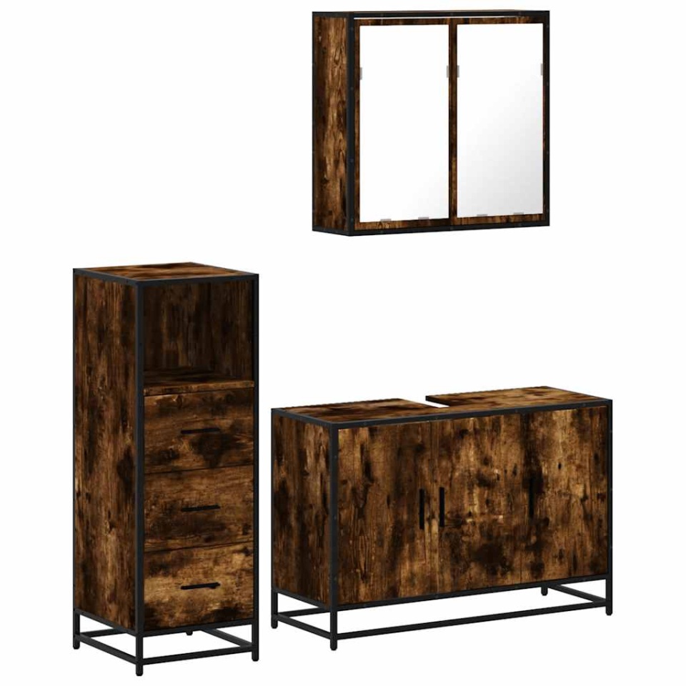 Set mobilier de baie, 3 piese, stejar fumuriu, lemn prelucrat - 1 | YEO