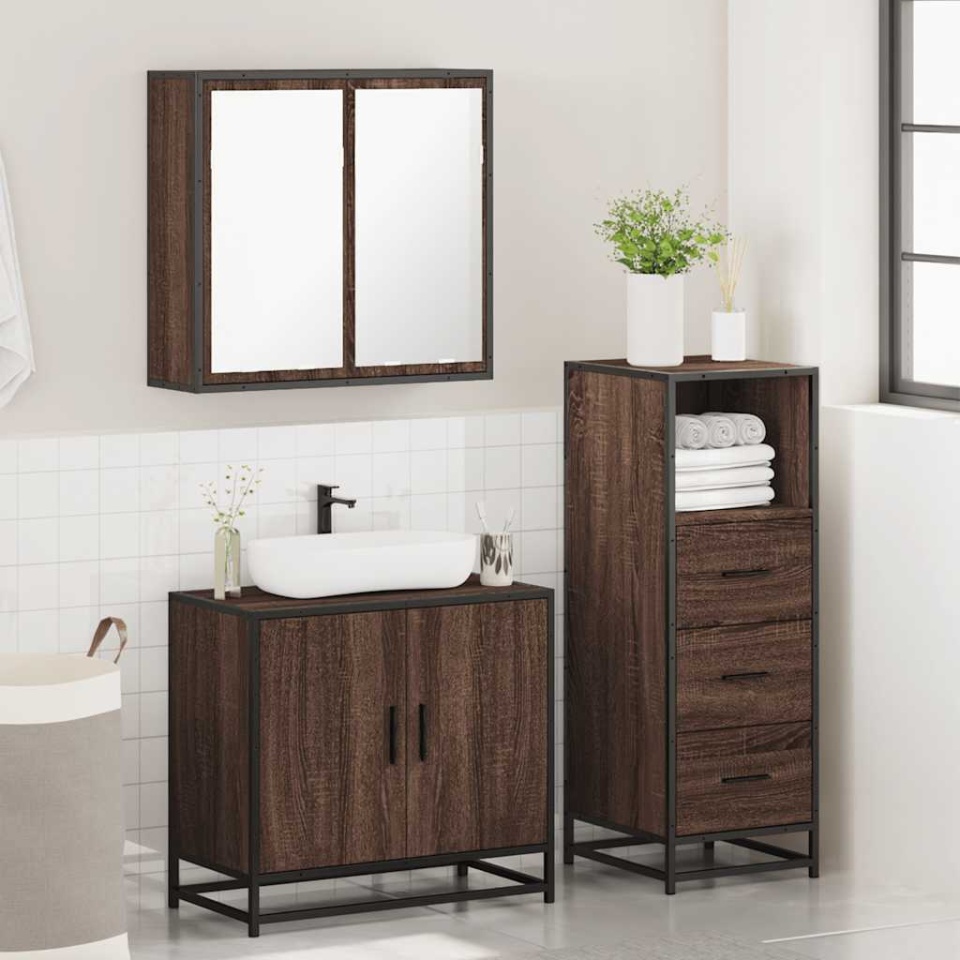 Set mobilier de baie, 3 piese, stejar maro, lemn prelucrat - 3 | YEO