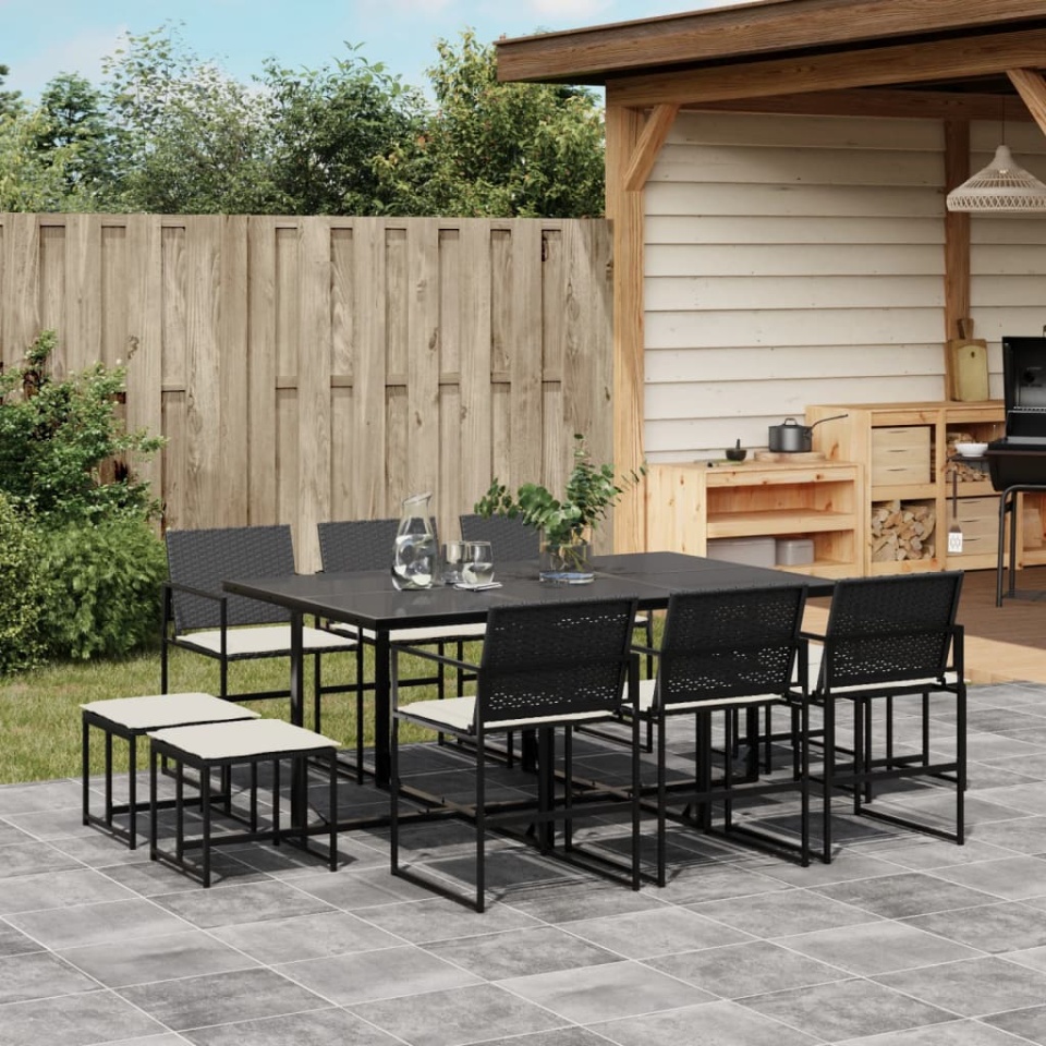 Set mobilier de exterior cu perne, 11 piese, negru, poliratan