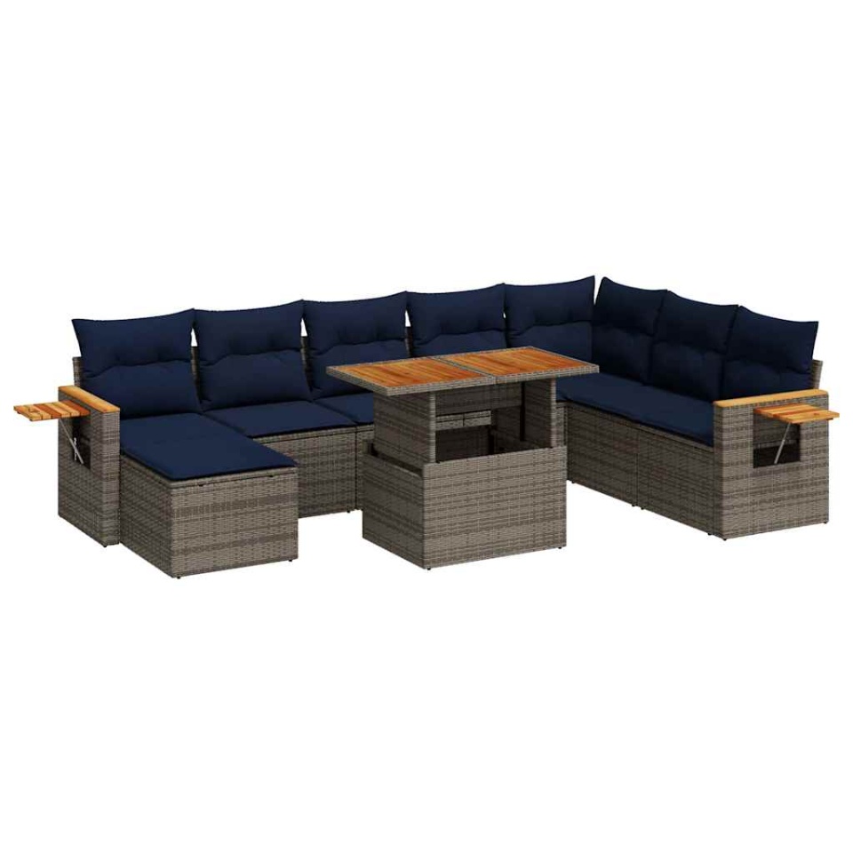 Set mobilier de grădină cu perne, 10 piese, gri, poliratan - 1 | YEO