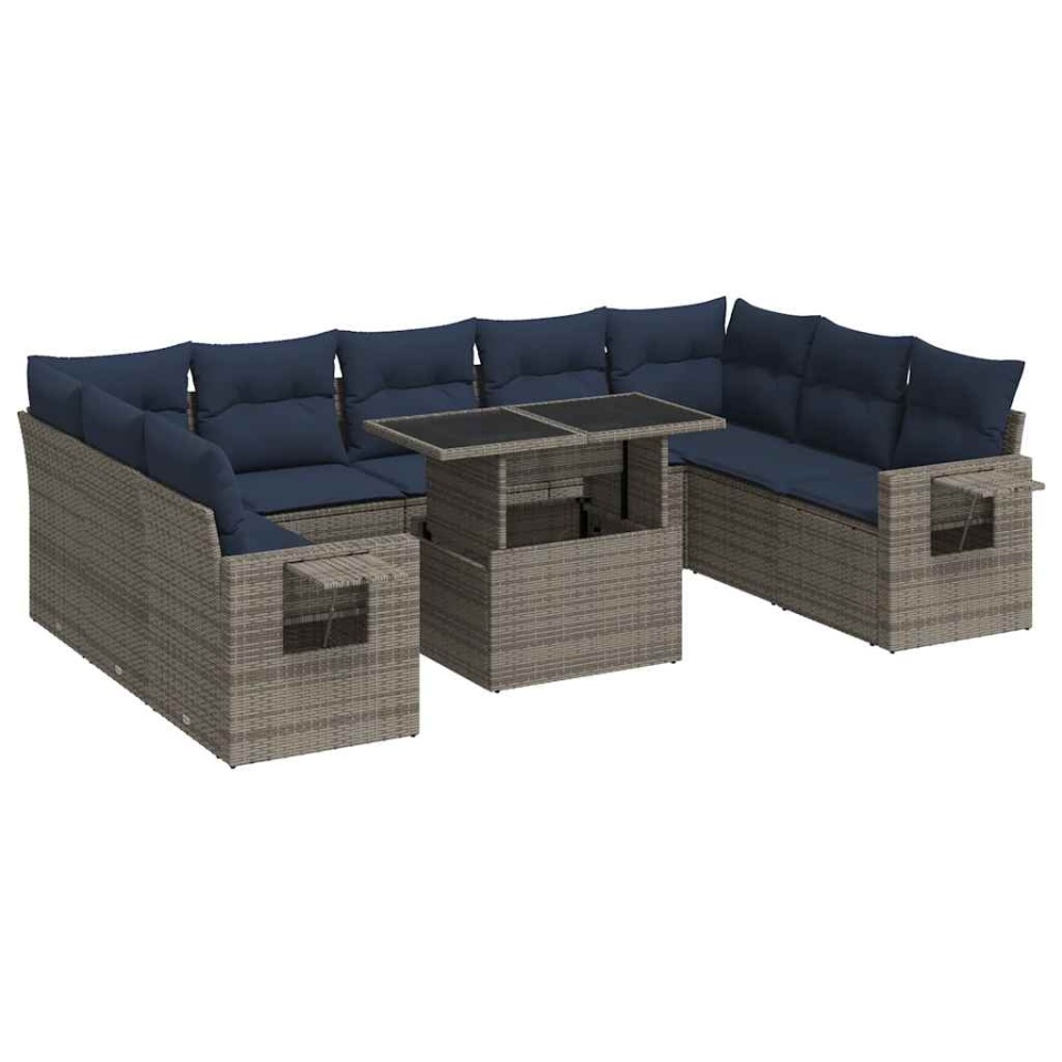 Set mobilier de grădină cu perne, 10 piese, gri, poliratan - 1 | YEO