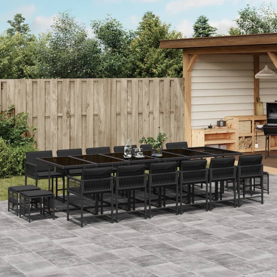 Set mobilier de grădină cu perne, 17 piese, negru, poliratan
