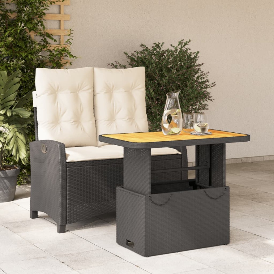 Set mobilier de grădină cu perne, 2 piese, negru, poliratan