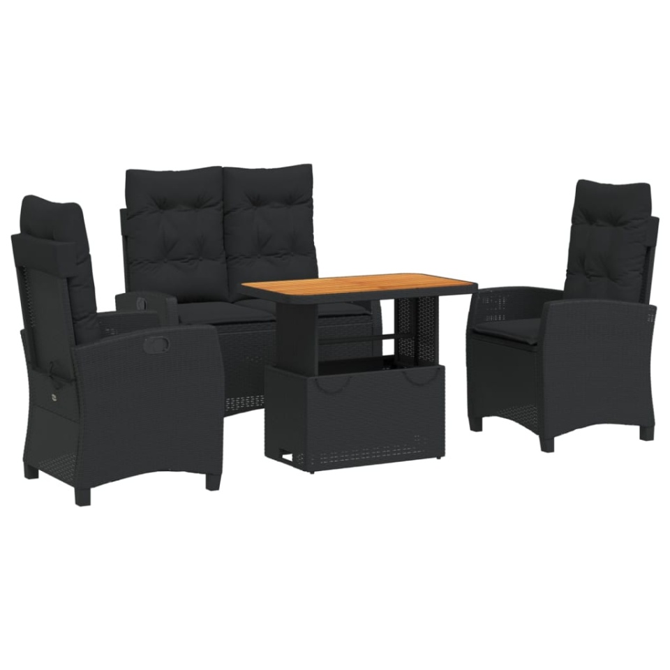 Set mobilier de grădină cu perne, 4 piese, negru, poliratan - 1 | YEO