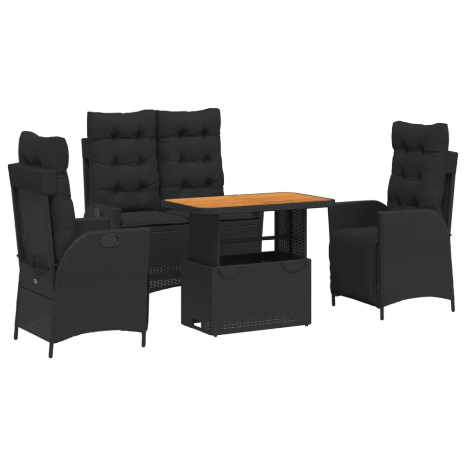 Set mobilier de grădină cu perne, 4 piese, negru, poliratan - 1 | YEO