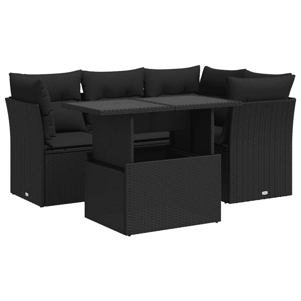 Set mobilier de grădină cu perne, 5 piese, negru, poliratan - 1 | YEO