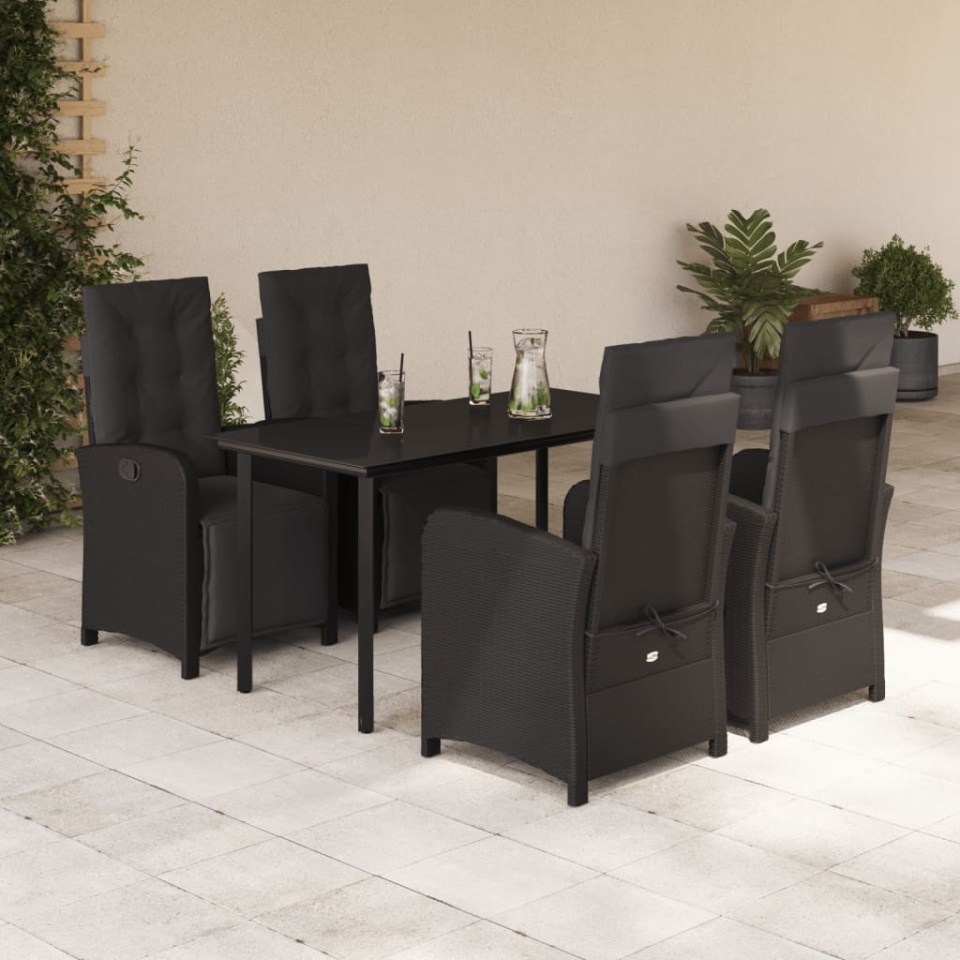 Set mobilier de grădină cu perne, 5 piese, negru, poliratan