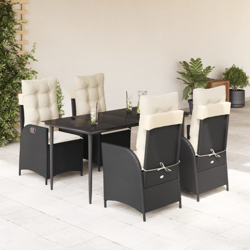 Set mobilier de grădină cu perne, 5 piese, negru, poliratan