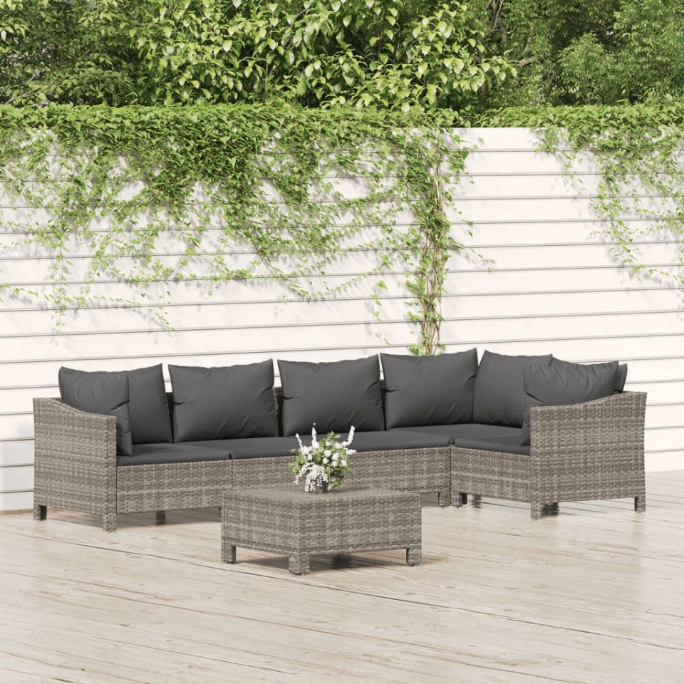 Set mobilier de grădină cu perne, 6 piese, gri, poliratan