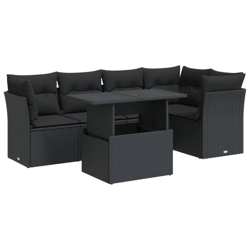 Set mobilier de grădină cu perne, 6 piese, negru, poliratan - 1 | YEO
