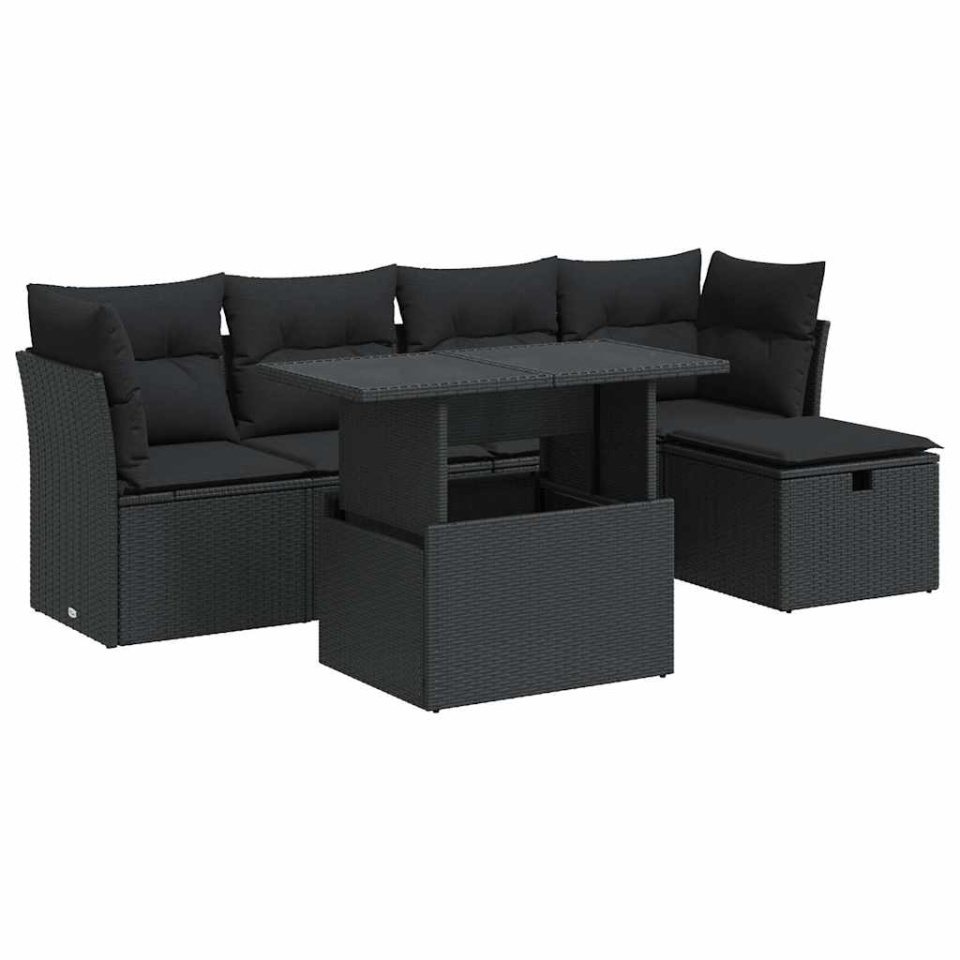 Set mobilier de grădină cu perne, 6 piese, negru, poliratan - 1 | YEO