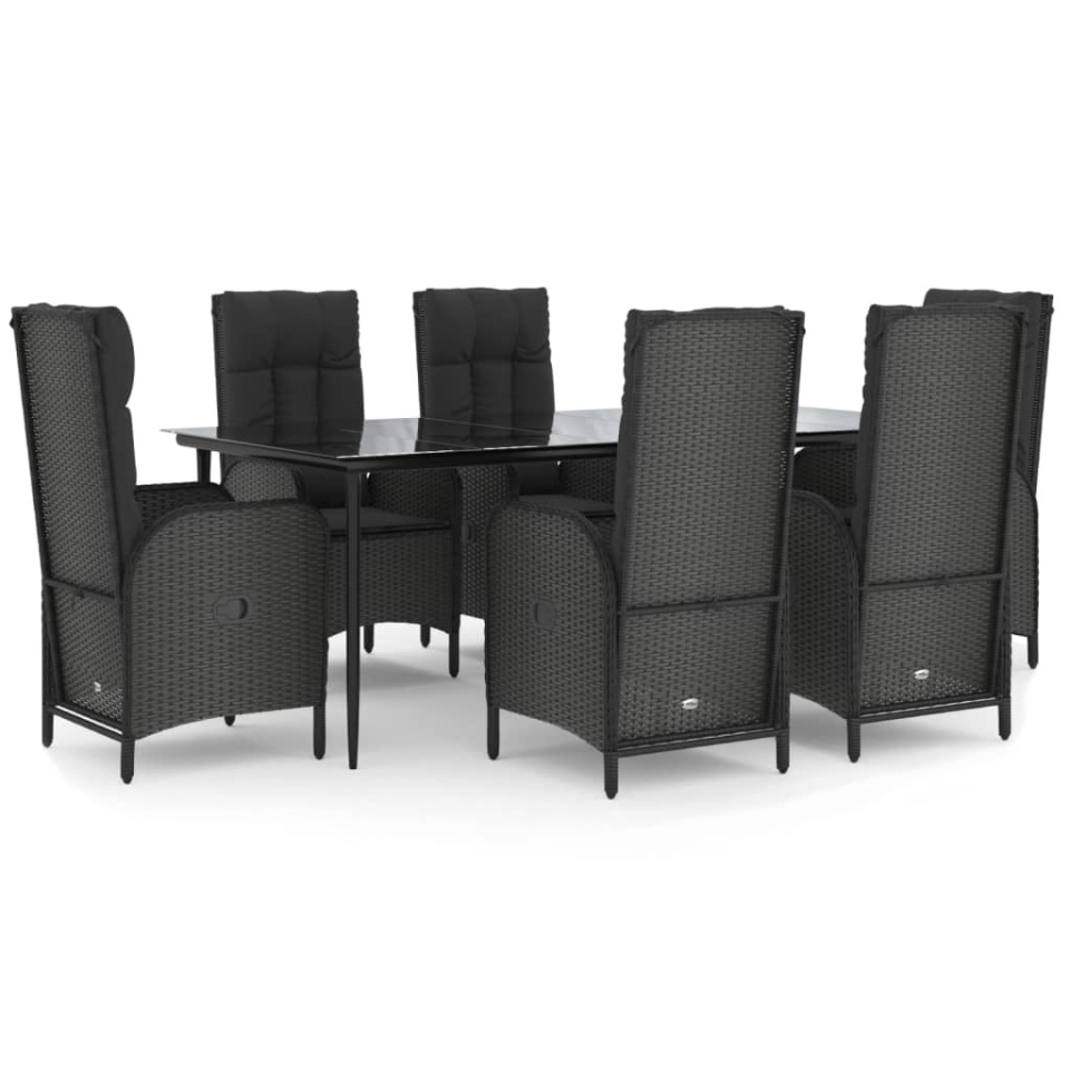 Set mobilier de grădină cu perne, 7 piese, negru, poliratan - 1 | YEO