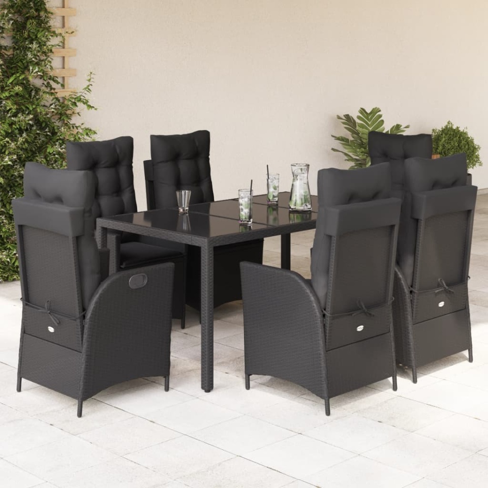 Set mobilier de grădină cu perne, 7 piese, negru, poliratan