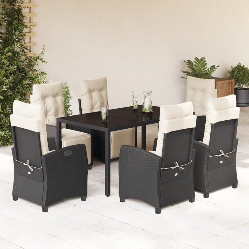 Set mobilier de grădină cu perne, 7 piese, negru, poliratan