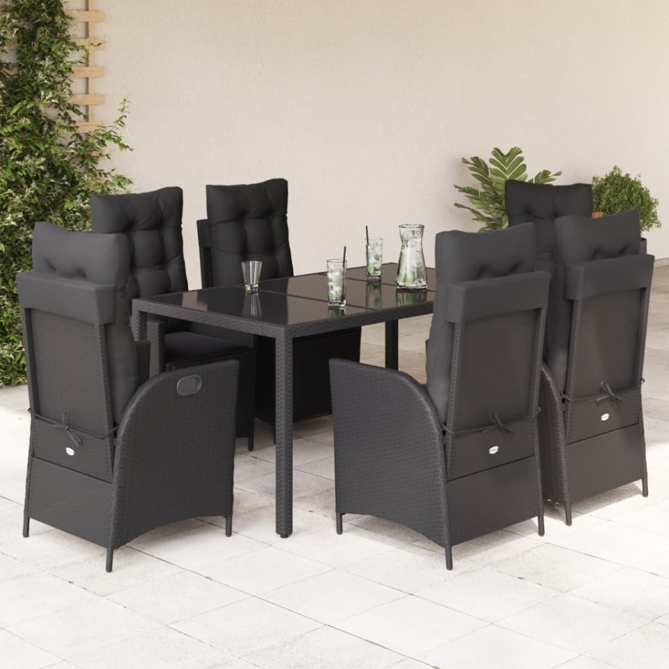 Set mobilier de grădină cu perne, 7 piese, negru, poliratan