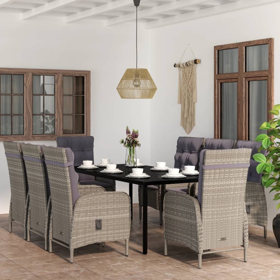 Set mobilier de grădină cu perne, 9 piese, gri și negru
