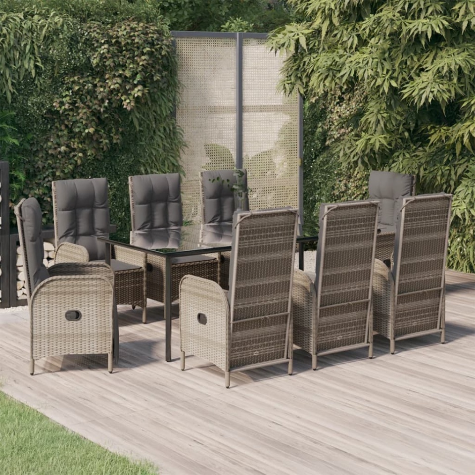 Set mobilier de grădină cu perne, 9 piese, negru/gri, poliratan
