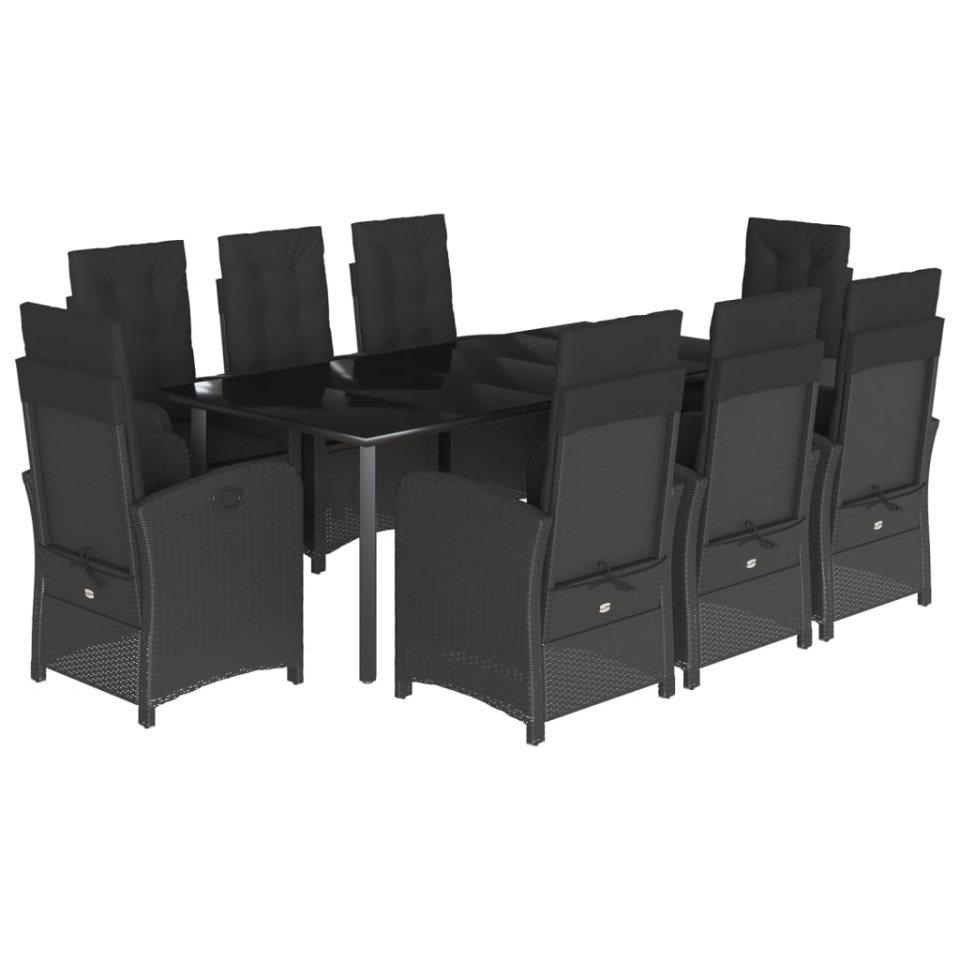 Set mobilier de grădină cu perne, 9 piese, negru, poliratan - 1 | YEO