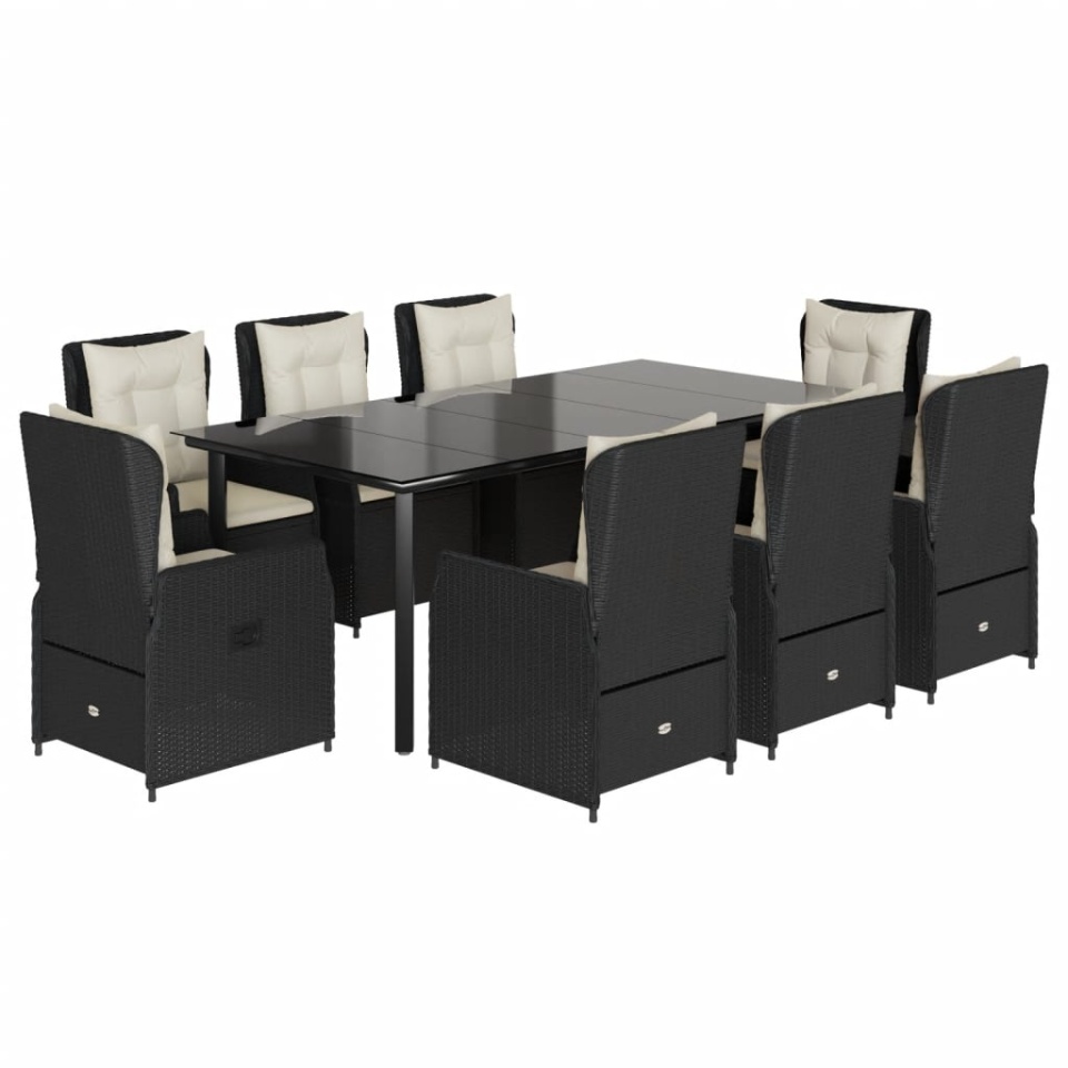 Set mobilier de grădină cu perne, 9 piese, negru, poliratan - 1 | YEO