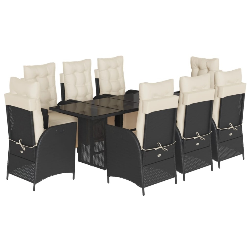 Set mobilier de grădină cu perne, 9 piese, negru, poliratan - 1 | YEO