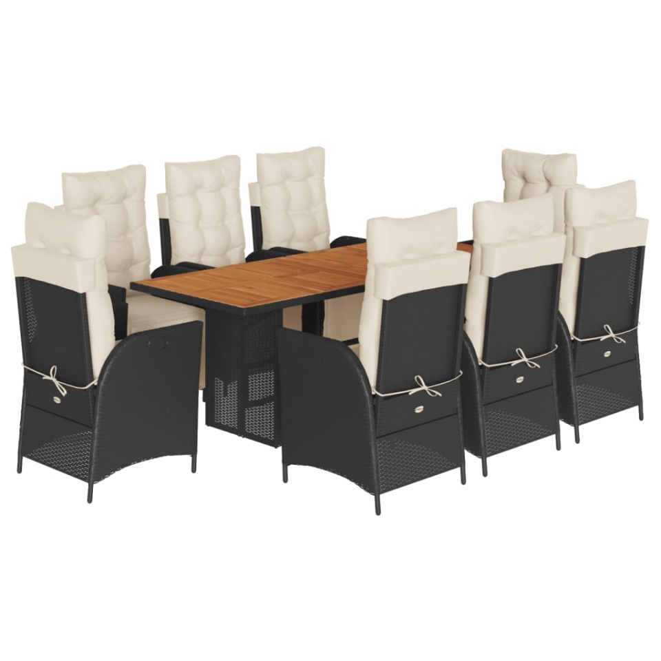 Set mobilier de grădină cu perne, 9 piese, negru, poliratan - 1 | YEO