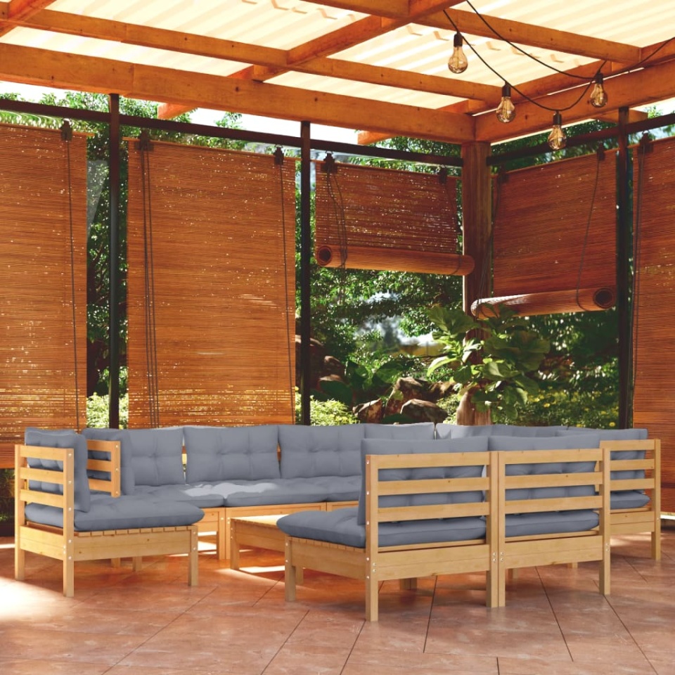 Set mobilier grădină cu perne, 10 piese, gri, lemn masiv pin