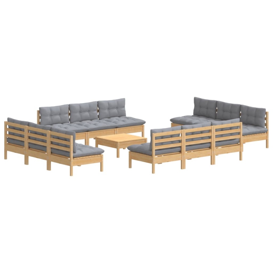 Set mobilier grădină cu perne, 13 piese, gri, lemn de pin - 2 | YEO