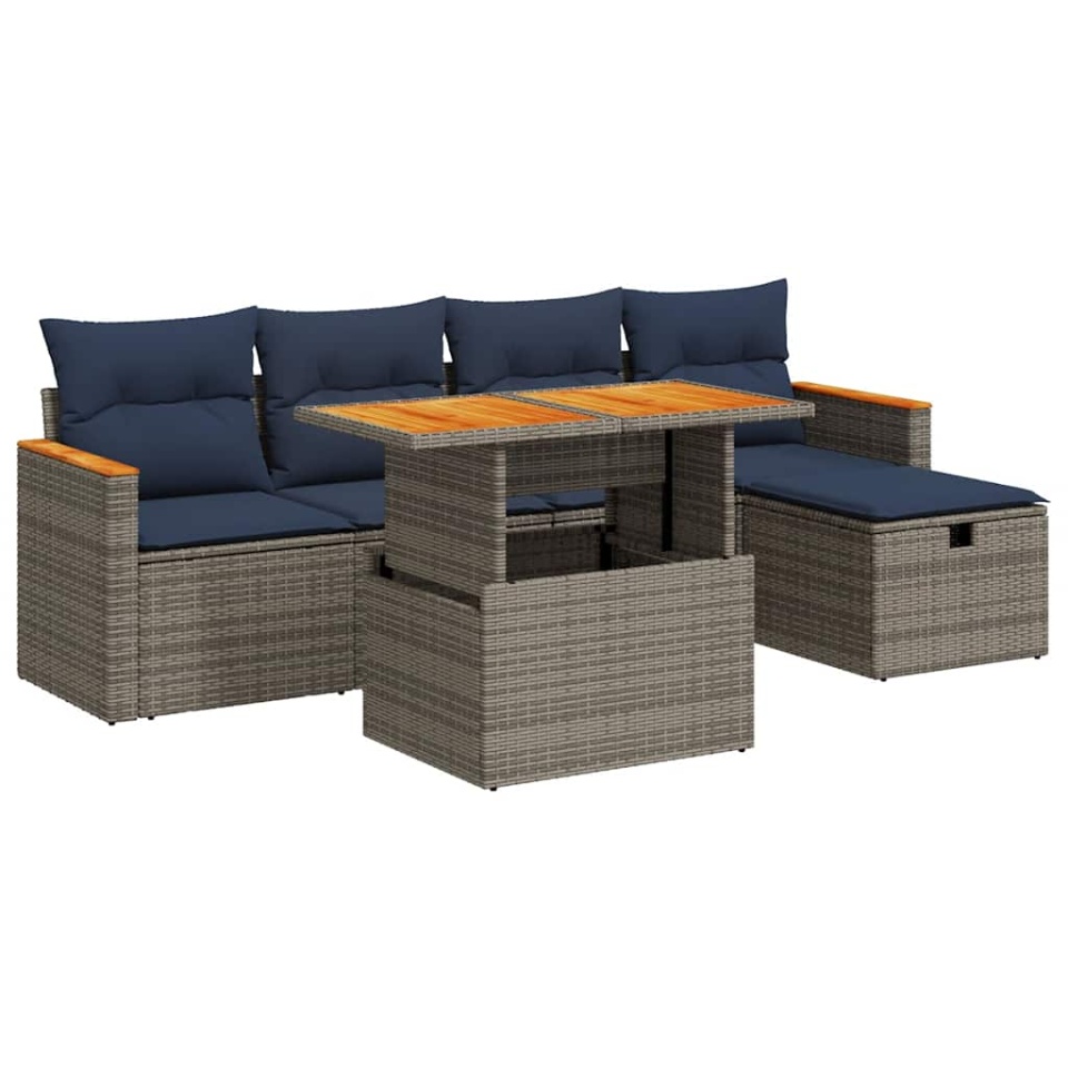 Set mobilier grădină cu perne 6 piese gri poliratan/lemn acacia - 1 | YEO