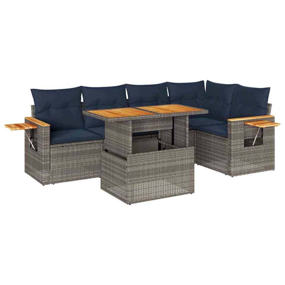 Set mobilier grădină cu perne 6 piese gri poliratan/lemn acacia - 1 | YEO