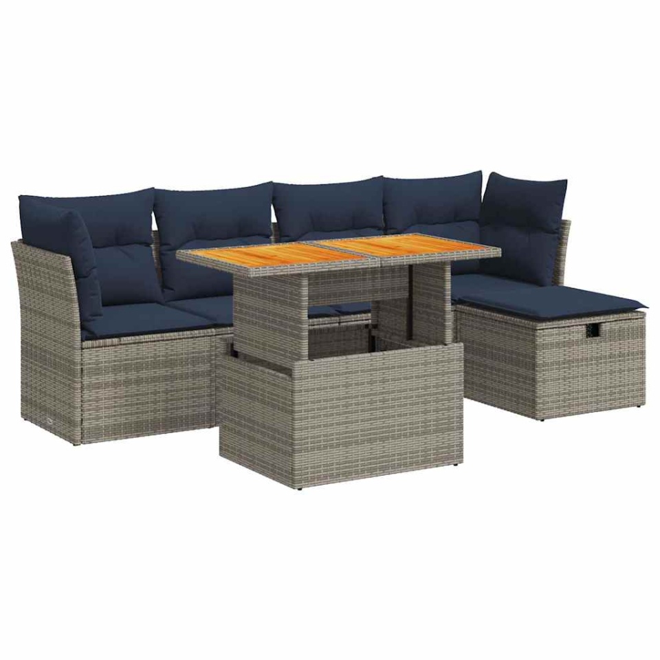 Set mobilier grădină cu perne 6 piese gri poliratan/lemn acacia - 1 | YEO