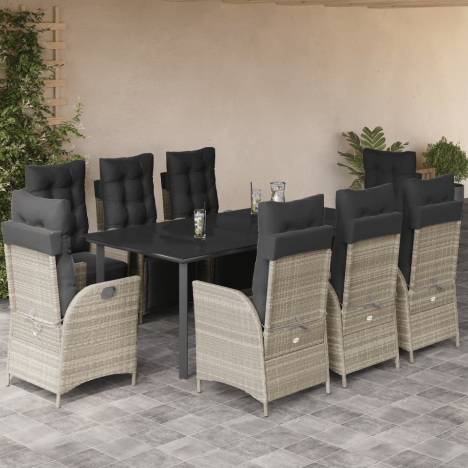 Set mobilier grădină cu perne, 9 piese, gri deschis, poliratan
