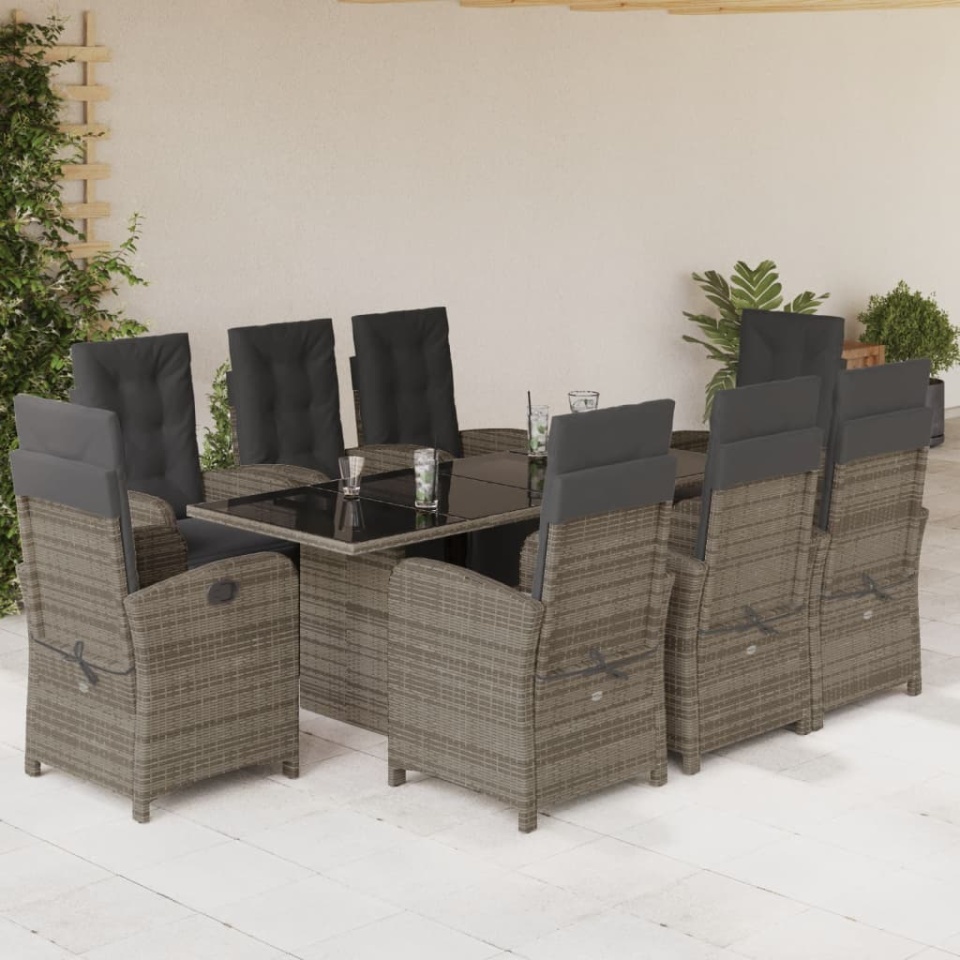 Set mobilier grădină cu perne, 9 piese, gri, poliratan