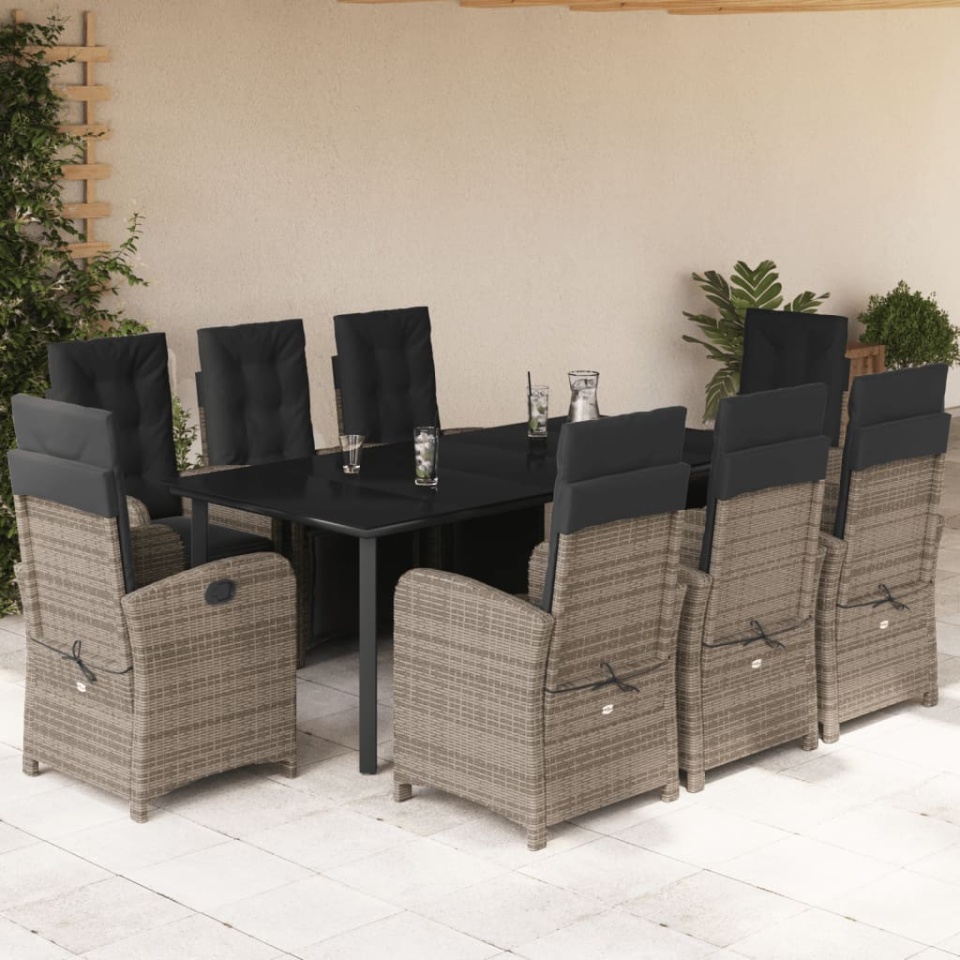 Set mobilier grădină cu perne, 9 piese, gri, poliratan