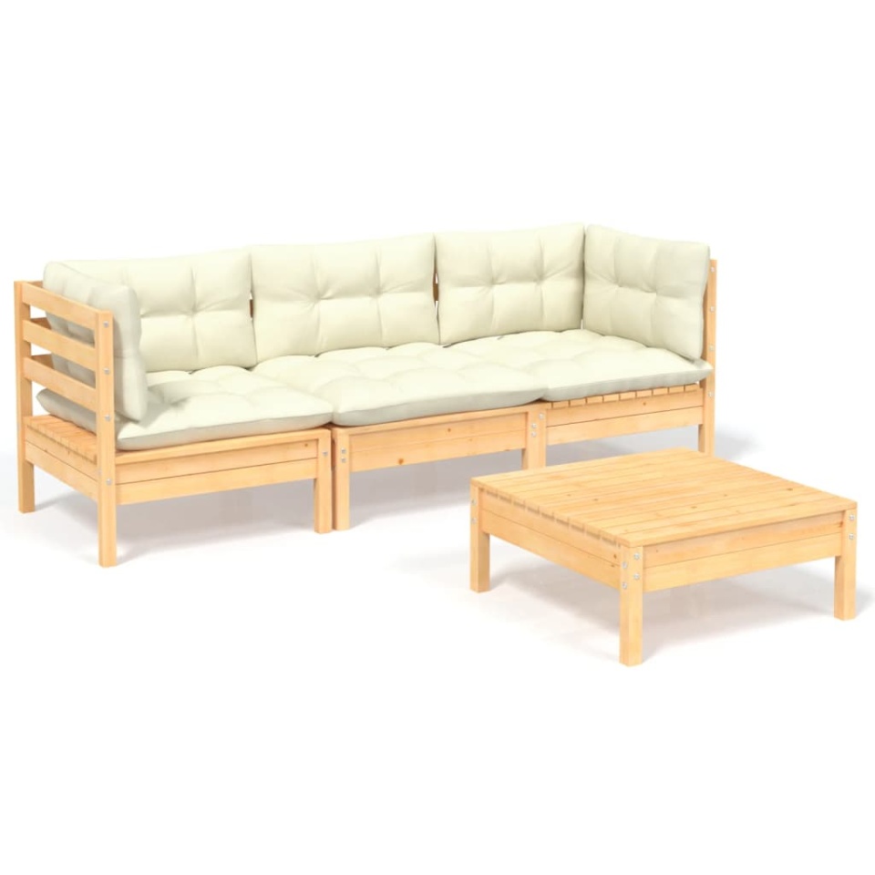 Set mobilier grădină cu perne crem, 4 piese, lemn de pin - 1 | YEO