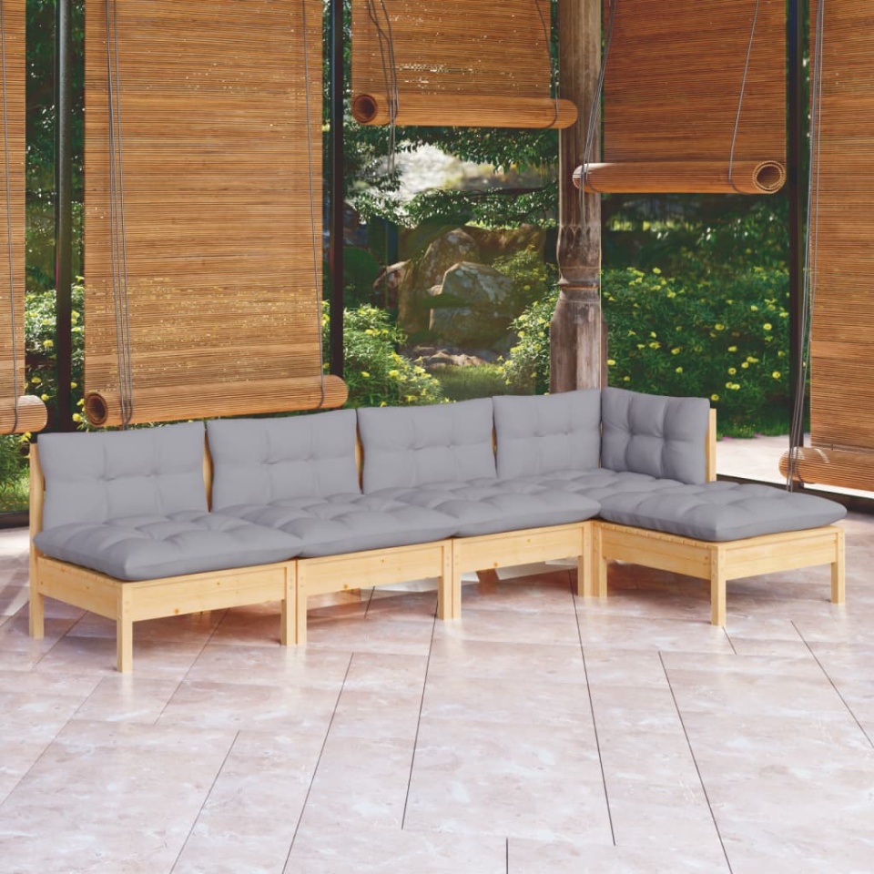 Set mobilier grădină cu perne gri, 5 piese, lemn masiv de pin