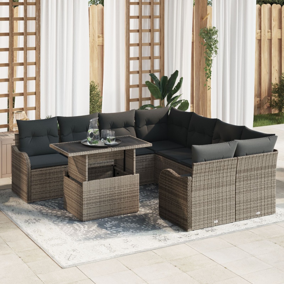 Set sofa 9 piese grădină cu perne gri poliratan , Sofa grădină 2 locuri cu perne gri poliratan