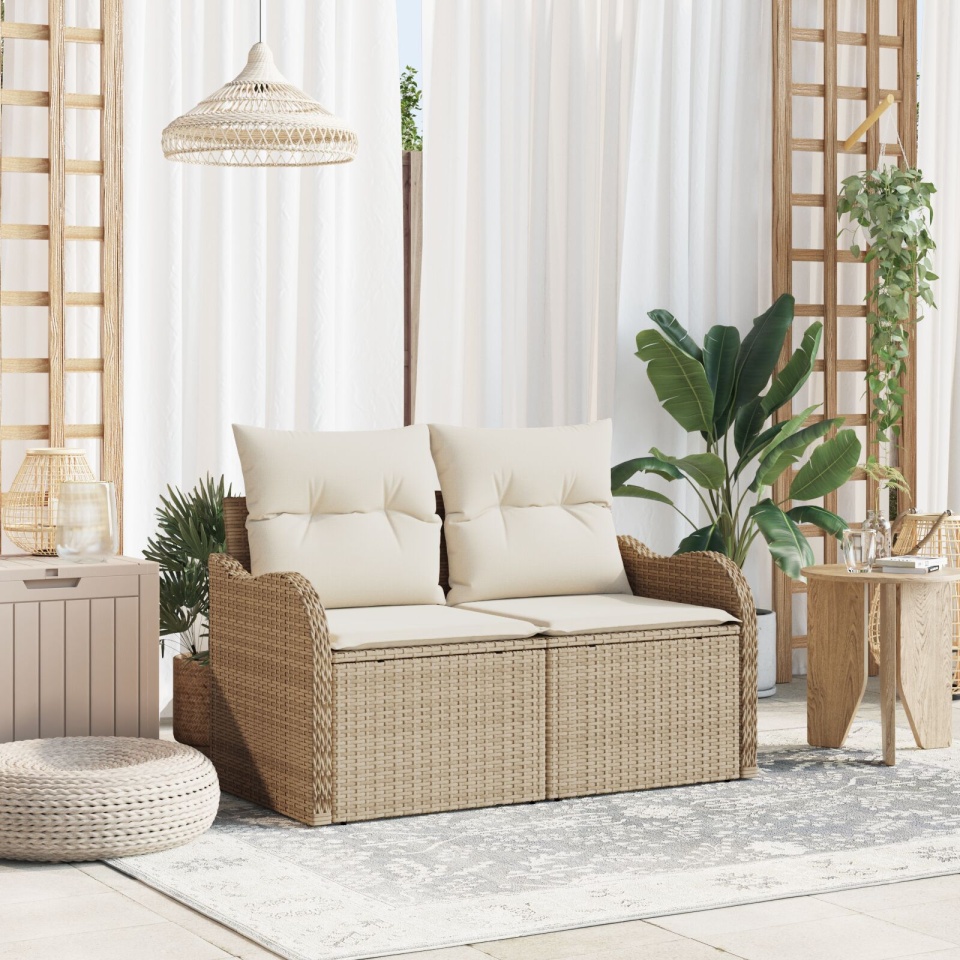Sofa de grădină cu 2 locuri cu depozitare și perne Bej din ratan sintetic