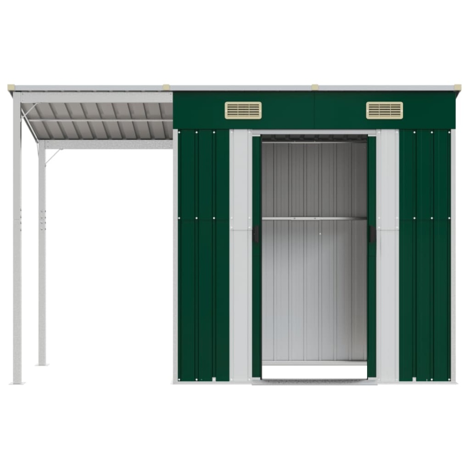 Șopron grădină, acoperiș extins, verde, 277x110,5x181 cm, oțel - 3 | YEO