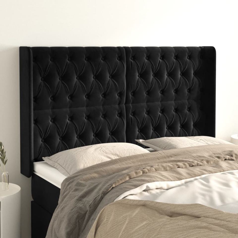 Tăblie de pat cu aripioare, negru, 147x16x118/128 cm, catifea