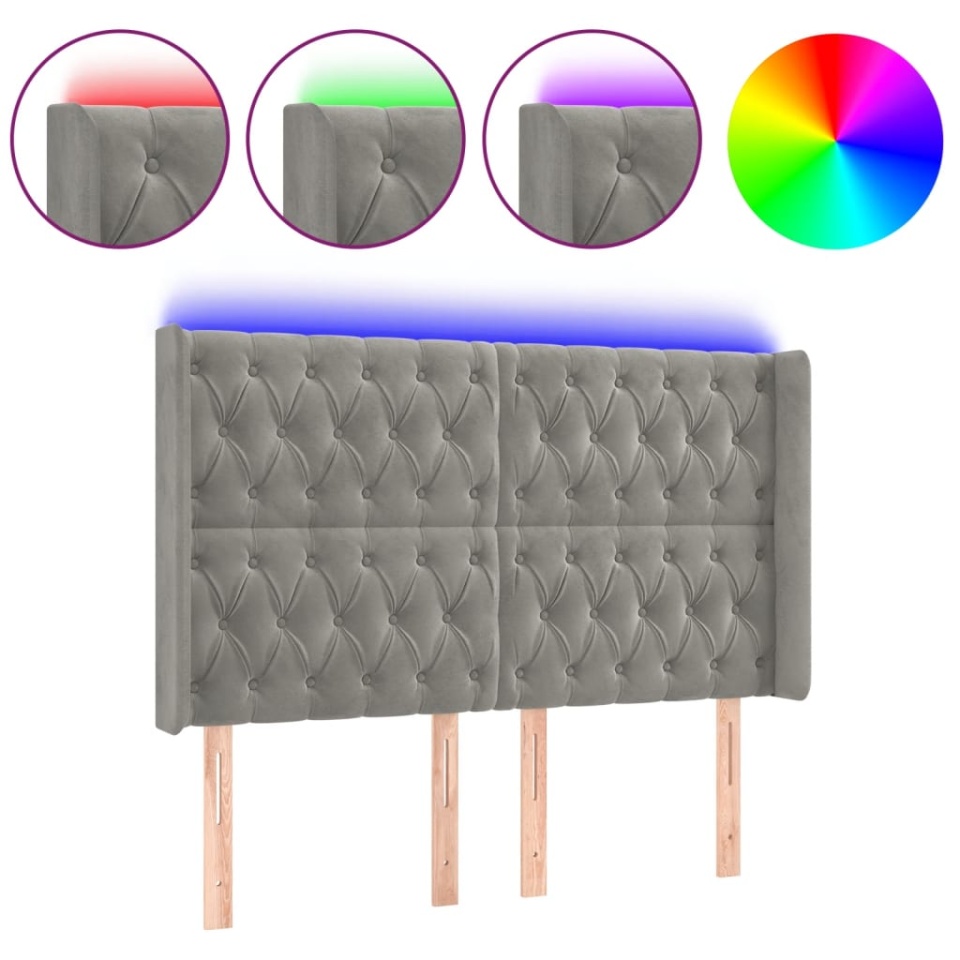 Tăblie de pat cu LED, gri deschis, 147x16x118/128 cm, catifea - 1 | YEO