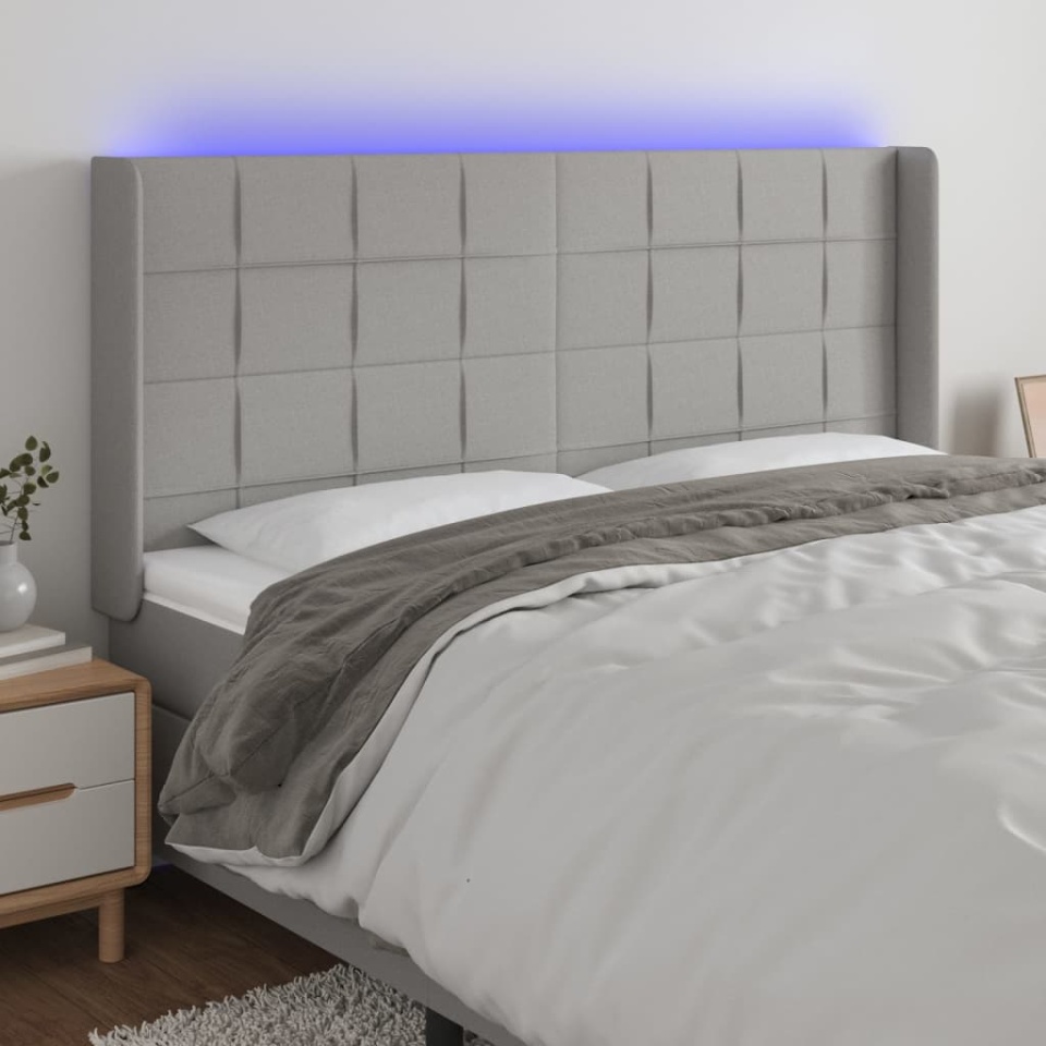 Tăblie de pat cu LED, gri deschis, 163x16x118/128 cm, textil