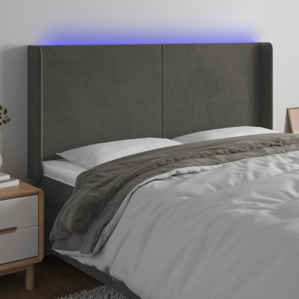 Tăblie de pat cu LED, gri închis, 183x16x118/128 cm, catifea