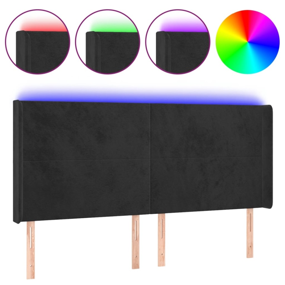Tăblie de pat cu LED, negru, 183x16x118/128 cm, catifea - 1 | YEO