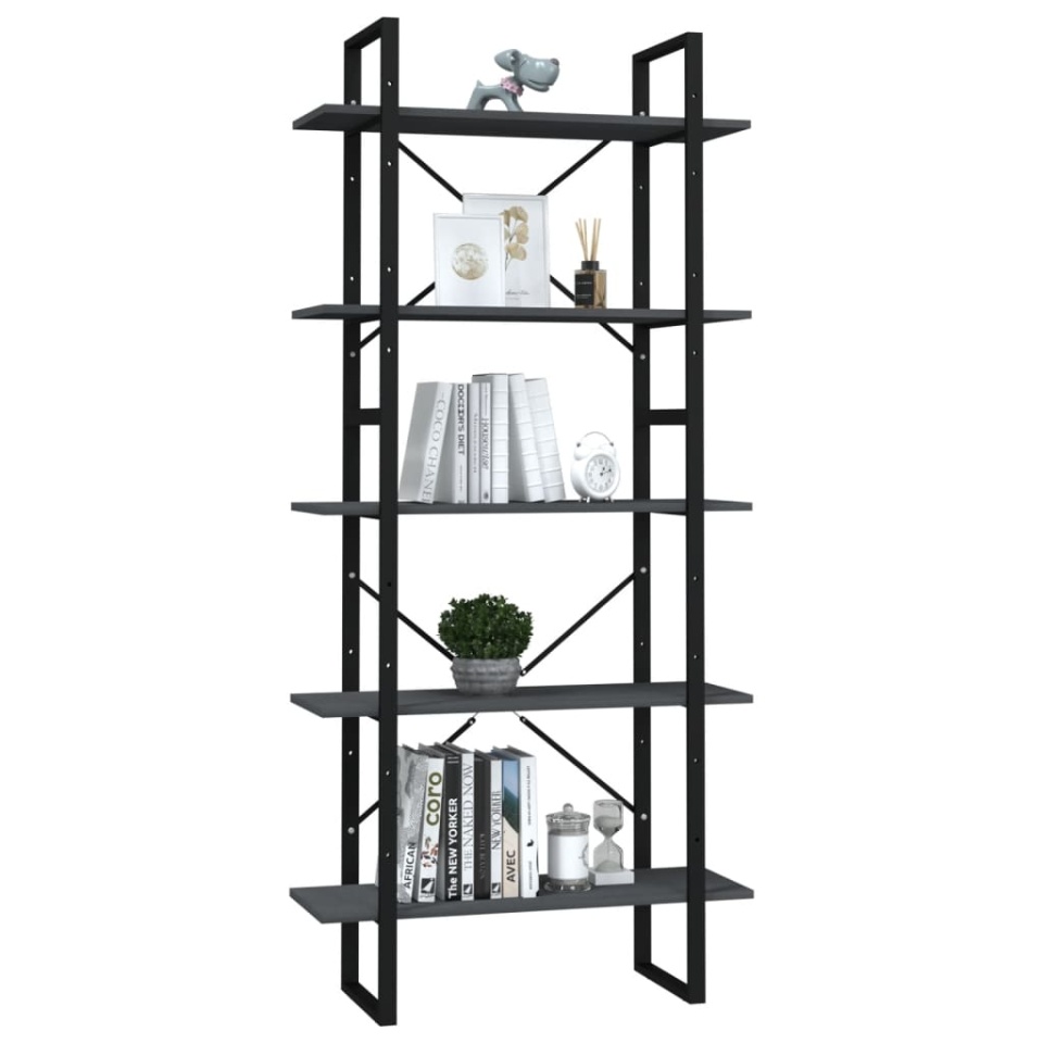 Bibliotecă cu 5 rafturi, gri, 80x30x175 cm, lemn de pin - 2 | YEO