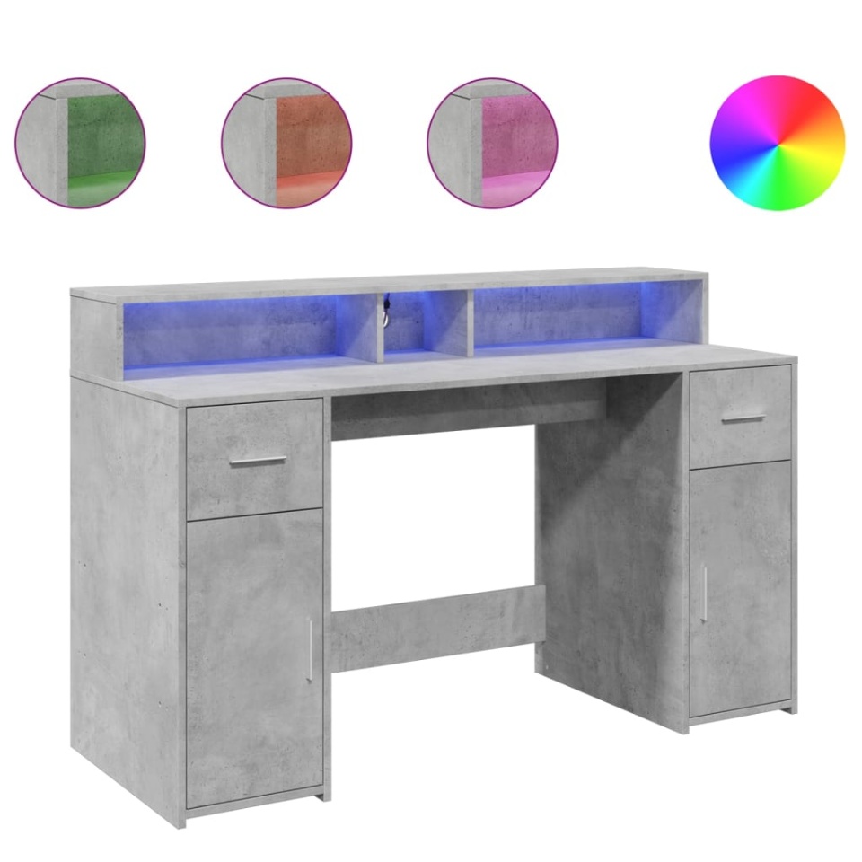 Birou cu lumini LED, gri beton, 140x55x91 cm, lemn prelucrat - 1 | YEO