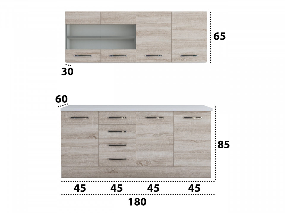 Bucatarie Alfa 180, Cu vitrina, Sonoma, Blat termic alb - 3 | YEO