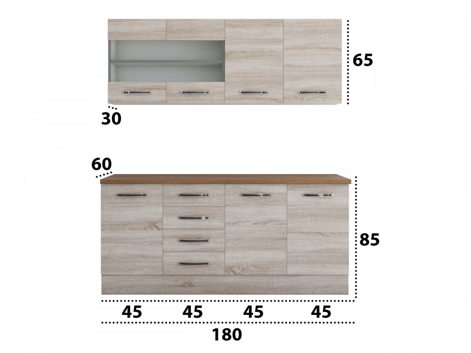 Bucatarie Alfa 180, Cu vitrina, Sonoma, Blat termic nuc - 3 | YEO